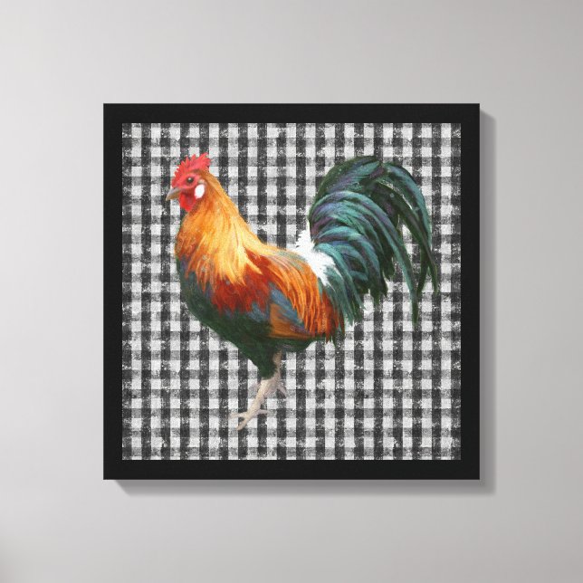 Farmhouse Rooster Black and White Rustic Country Canvas Print (Front)