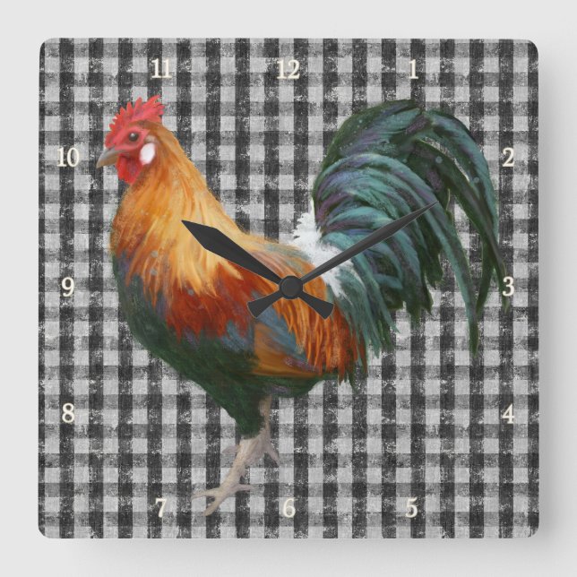 Farmhouse Rooster Black and White Rustic Country Square Wall Clock (Front)
