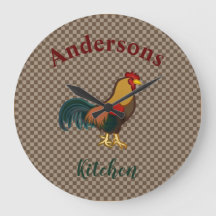 Farmhouse Rooster Design Gingham Chicken Clock