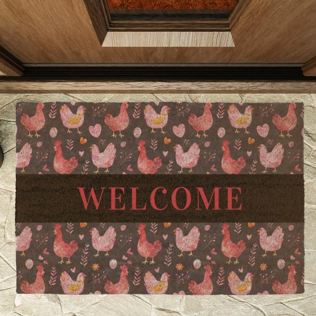 Farmhouse rooster hens black red welcome fiber doormat (Creator Uploaded)