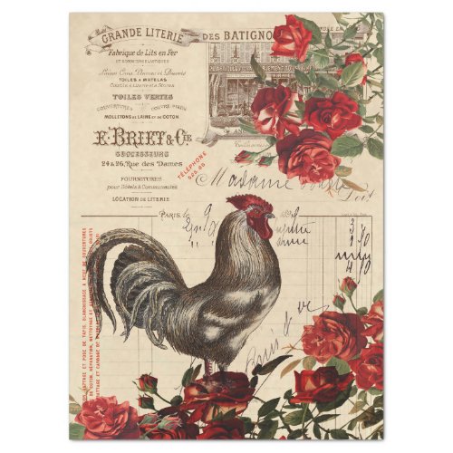 Farmhouse Rooster Roses Decoupage Ephemera Tissu Tissue Paper