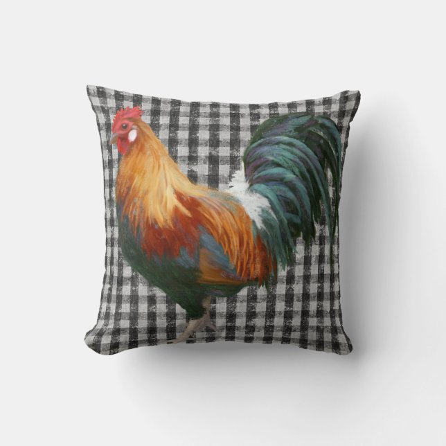 Farmhouse Rooster Rustic Country Black and White Throw Pillow (Front)
