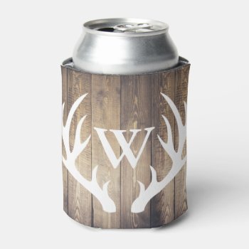 Farmhouse Rustic Barn Wood & Deer Antlers Can Cooler by GrudaHomeDecor at Zazzle