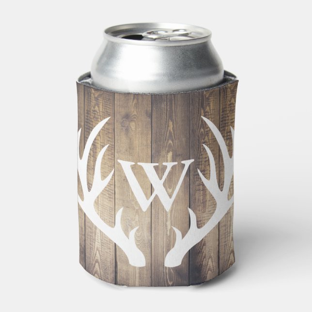 Farmhouse Rustic Barn Wood & Deer Antlers Can Cooler (Can Front)