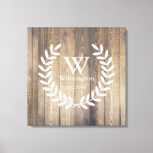 Farmhouse Rustic Barn Wood Laurels Family Name Canvas Print (Front)