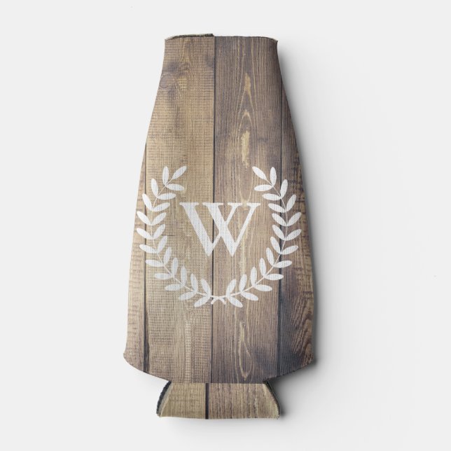 Farmhouse Rustic Barn Wood Laurels Initial Letter Bottle Cooler (Front)