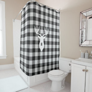 Farmhouse Rustic Black White Buffalo Deer Monogram Shower Curtain