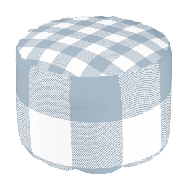 Farmhouse Rustic Blue Grey Buffalo Plaid Square Pouf (Angled Front)