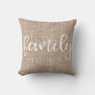 Farmhouse Rustic Brown Sacking Burlap FAMILY Throw Pillow