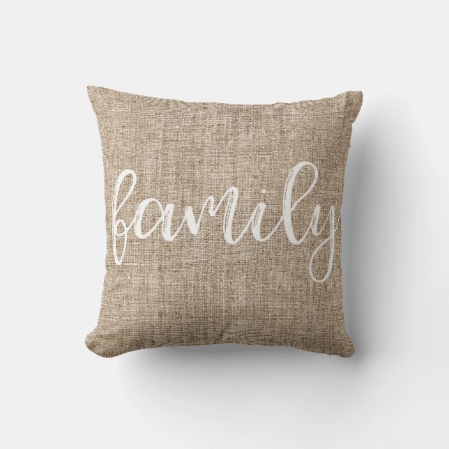 Farmhouse Rustic Brown Sacking Burlap FAMILY Throw Pillow (Front)