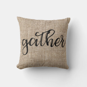 Farmhouse Rustic Brown Sacking Burlap GATHER Throw Pillow