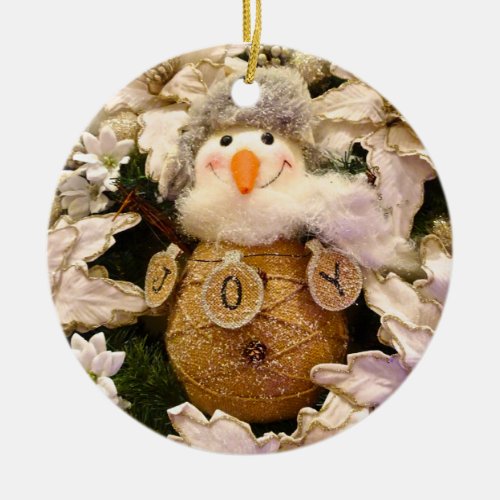 Farmhouse Rustic Burlap Snowman Poinsettia Holiday Ceramic Ornament