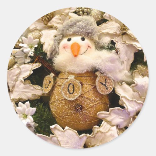 Farmhouse Rustic Burlap Snowman Poinsettia Holiday Classic Round Sticker
