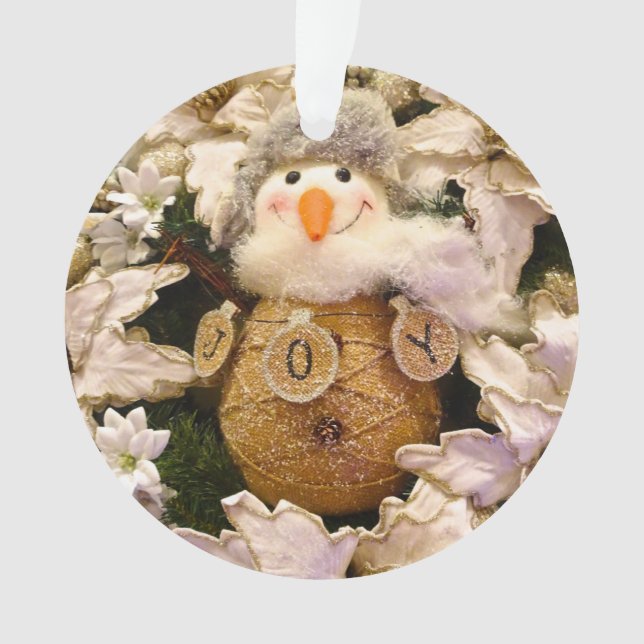 Farmhouse Rustic Burlap Snowman Poinsettia Holiday Ornament (Front)