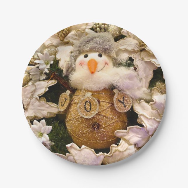 Farmhouse Rustic Burlap Snowman Poinsettia Holiday Paper Plates (Front)