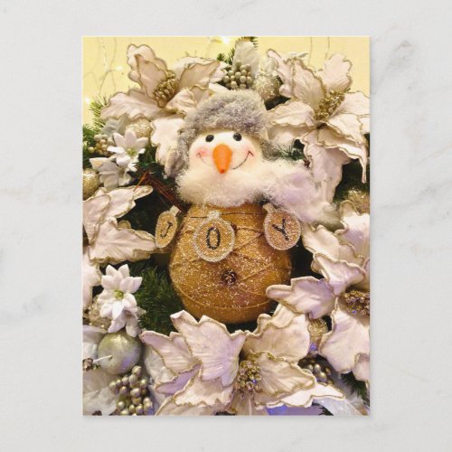 Farmhouse Rustic Burlap Snowman Poinsettia Holiday Postcard