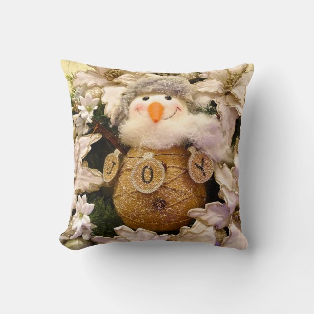 Farmhouse Rustic Burlap Snowman Poinsettia Holiday Throw Pillow (Front)