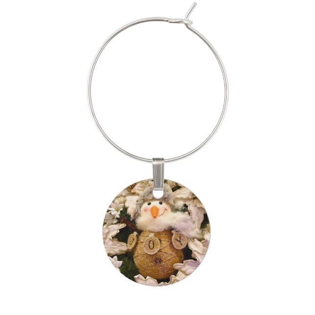 Farmhouse Rustic Burlap Snowman Poinsettia Holiday Wine Charm (Front)