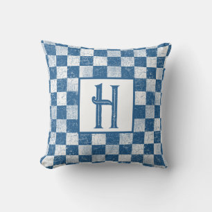 Farmhouse Rustic Checks, Monogram, Blue, White Throw Pillow