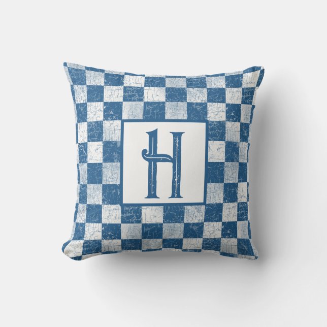 Farmhouse Rustic Checks, Monogram, Blue, White Throw Pillow (Front)