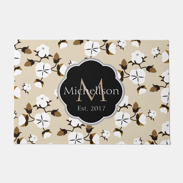 Farmhouse Rustic Cotton Flowers & Family Name Doormat (Front)
