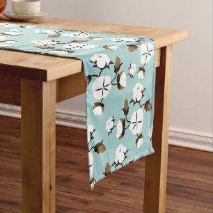 Farmhouse Rustic Cotton Flowers & Teal Long Table Runner