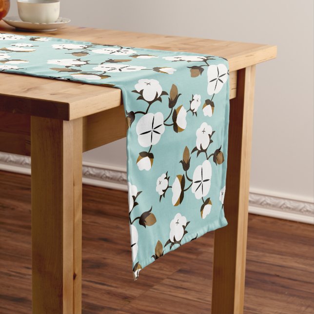 Farmhouse Rustic Cotton Flowers & Teal Long Table Runner (In Situ)