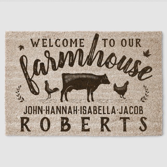 Farmhouse Rustic Country Cow Chickens Custom Name Fiber Doormat (Front)