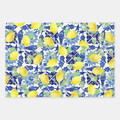 Farmhouse Rustic Country Lemons Blue Floral Wrapping Paper Sheets | Zazzle