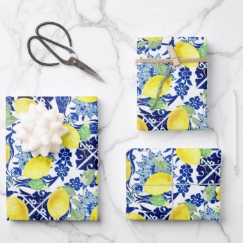 Farmhouse Rustic Country Lemons Blue Floral Wrapping Paper Sheets by GrudaHomeDecor at Zazzle