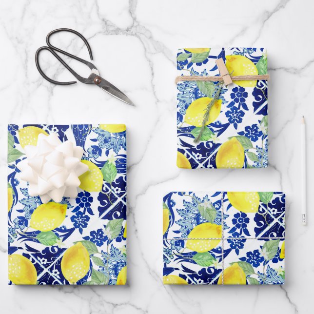 Farmhouse Rustic Country Lemons Blue Floral Wrapping Paper Sheets (Front)