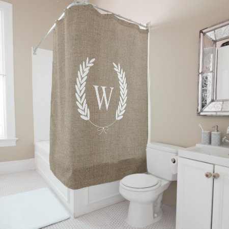 Farmhouse Rustic Faux Burlap Laurels Monogram Shower Curtain