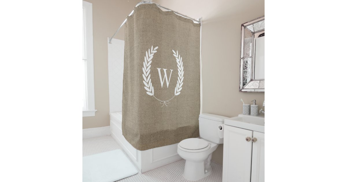 Farmhouse Rustic Faux Burlap Laurels Monogram Shower Curtain Farmhouse Rustic Faux Burlap Laurels Monogram Shower Curtain Zazzle Com