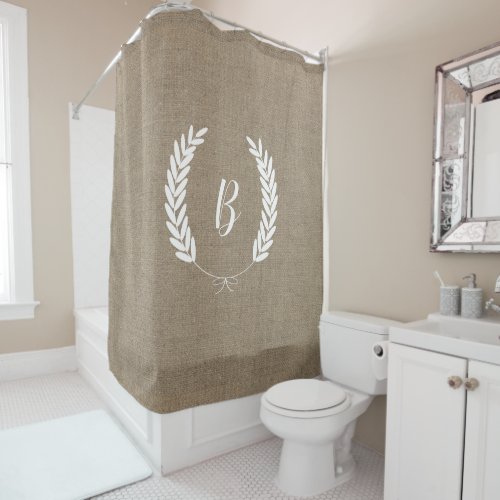 Farmhouse Rustic Faux Burlap Laurels Script Mono Shower Curtain