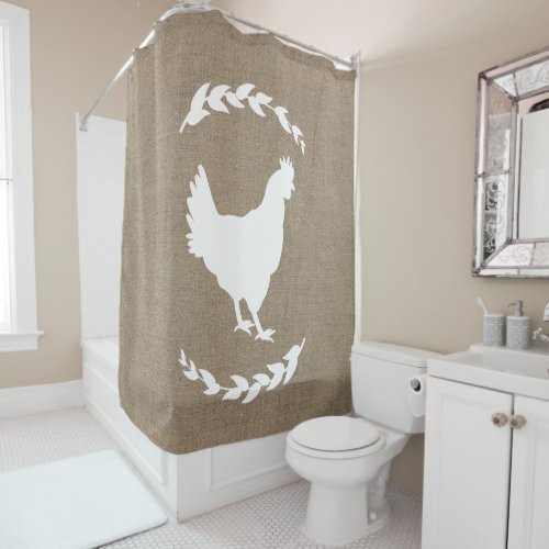 Farmhouse Rustic Faux Burlap Laurels White Hen Shower Curtain