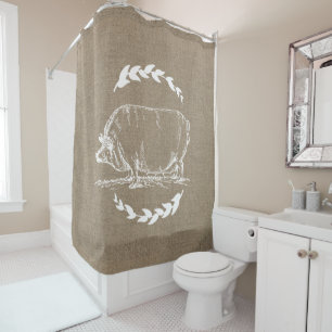 Farmhouse Rustic Faux Burlap White Laurels Pig Sow Shower Curtain