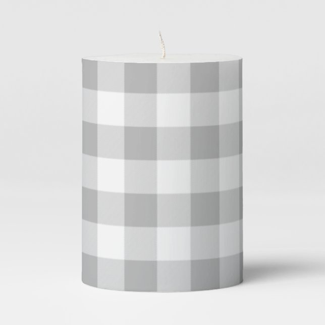 Farmhouse Rustic Gray Buffalo Check Plaid Pillar Candle (Front)