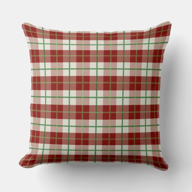 Farmhouse Rustic Green Red Christmas Check Plaid Throw Pillow (Front)