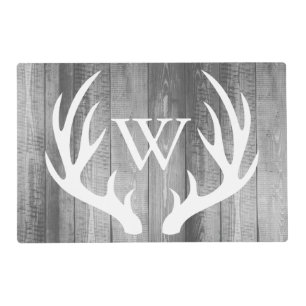Farmhouse Rustic Grey Wood White Deer Antlers Placemat