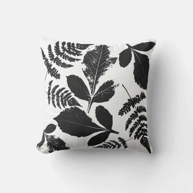 Farmhouse Rustic Leaves Pattern Black White Throw Pillow (Front)
