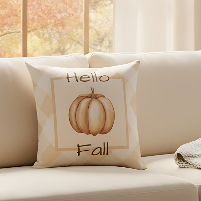 Farmhouse Rustic Pumpkin Fall Home Decor Accent Throw Pillow (Autumn pumpkin pillow on a cozy living room sofa.)