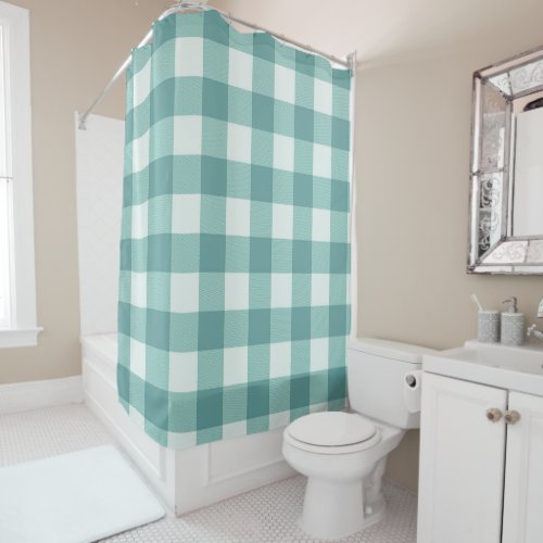 Farmhouse Rustic Teal White Buffalo Plaid Square Shower Curtain