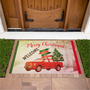 Farmhouse Rustic Vintage Red Truck Merry Christmas Doormat