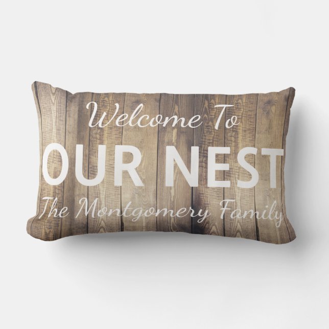 Farmhouse Rustic Welcome To Our Nest Family Name Lumbar Pillow (Front)