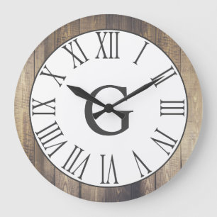 Farmhouse Rustic White & Faux Wood Gray Numerals Large Clock