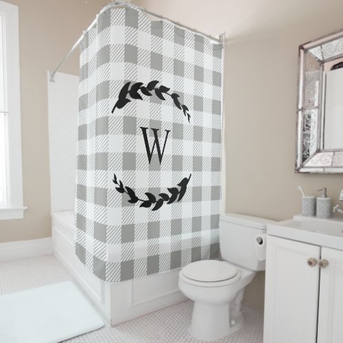 Farmhouse Rustic White Plaid Black Laurel Monogram Shower Curtain