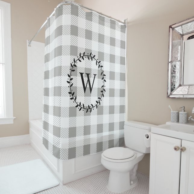 Farmhouse Rustic White Plaid Black Wreath Monogram Shower Curtain (In Situ)