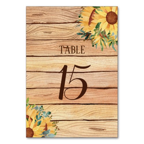 Farmhouse Rustic Wood and Sunflowers  Table Number