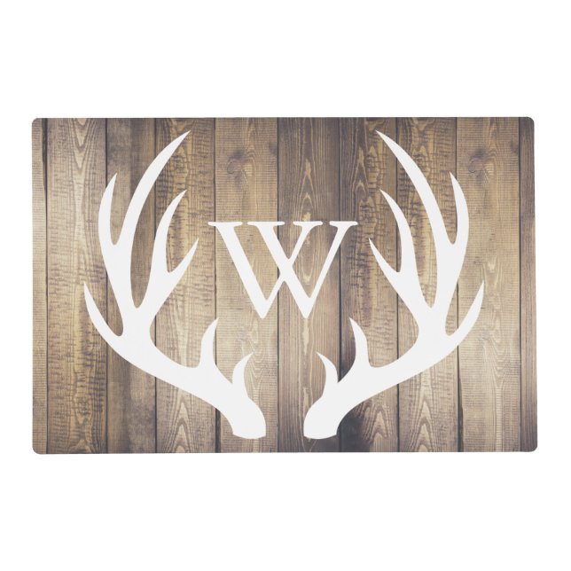 Farmhouse Rustic Wood White Deer Antlers Monogram Placemat (Front)