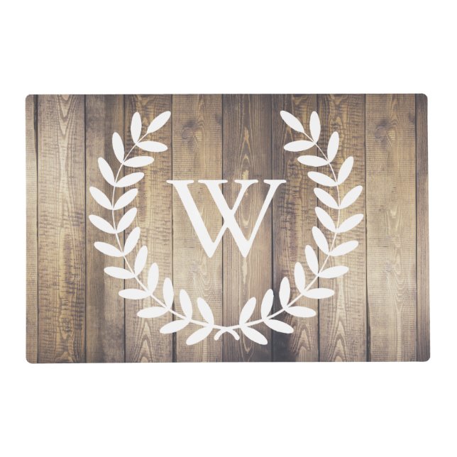 Farmhouse Rustic Wood White Wheat Laurels Monogram Placemat (Front)